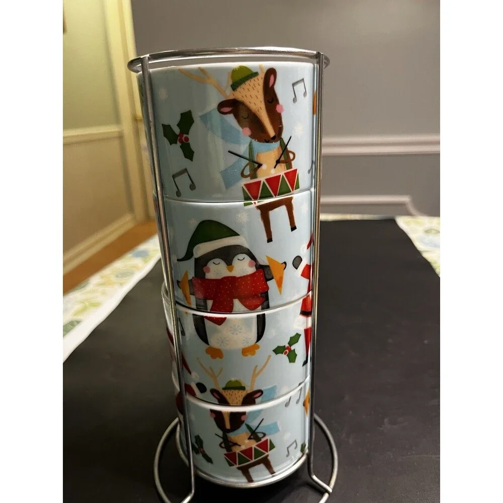 Pier 1 Stackable Santa Snowman Christmas Mugs w Metal Holder